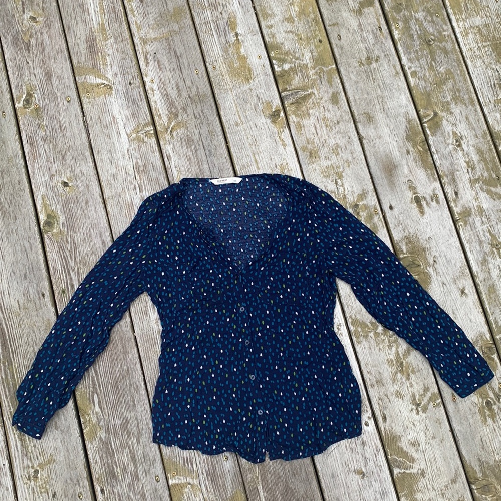 Navy, green, white and blue button down top